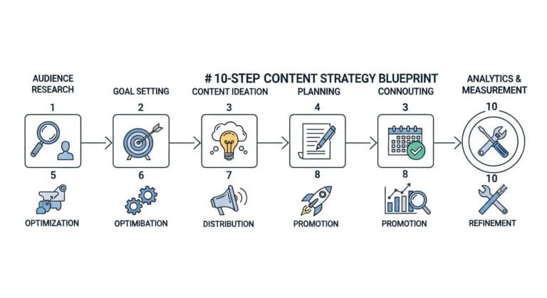 A 10-step blueprint flowchart illustrating a winning content strategy, showing progression towards engagement and conversions.